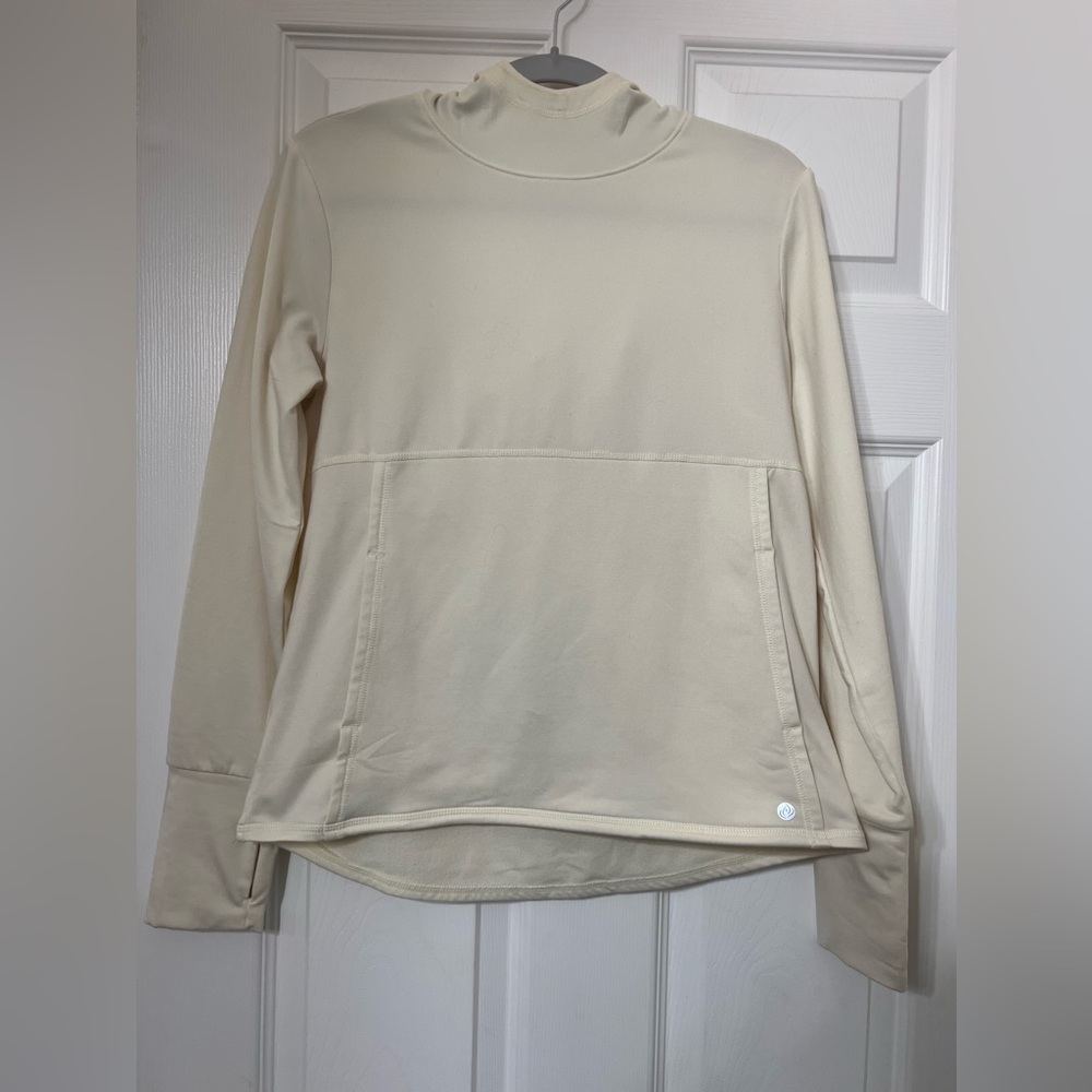 Apana lightweight hooded sweatshirt. Color is a light yellow/cream color. Small